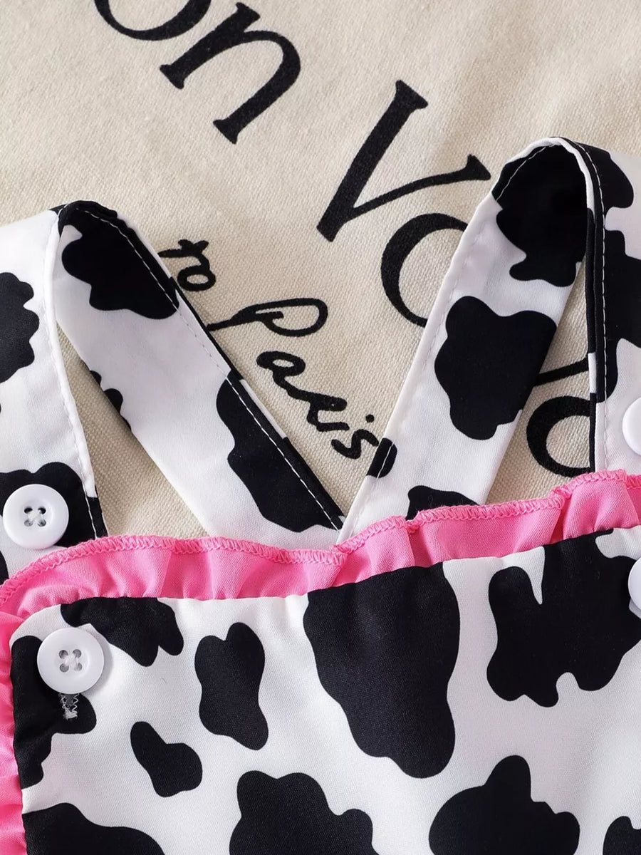 Brown And White Children's Cow Print Ruffle Jumpsuit