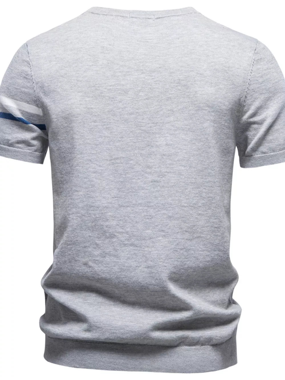 Light gray cotton t-shirt with blue and white striped sleeves.
