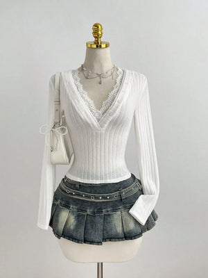 Pink V-neck Lace Trim Ribbed Knit T-shirt