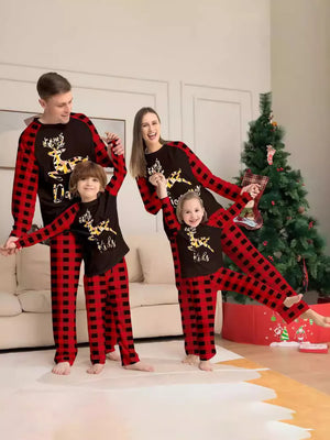 red pajama set with plaid and crew neck
