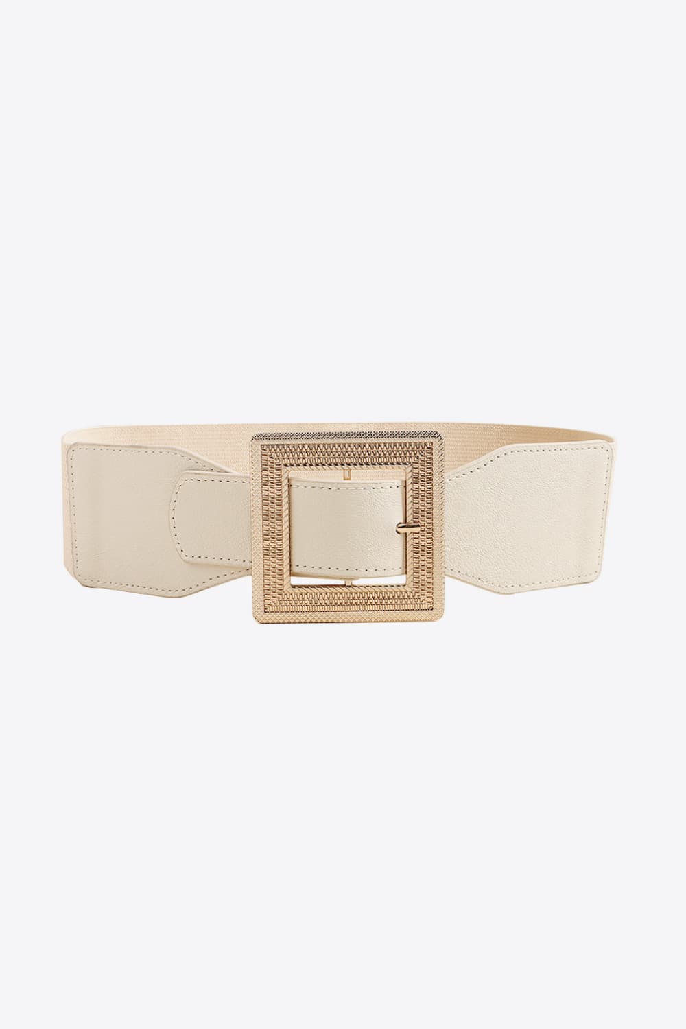 Ivory elasticated waist belt with textured gold square buckle and faux leather details.