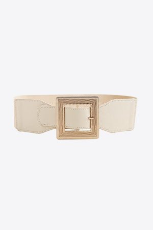 Ivory elasticated waist belt with textured gold square buckle and faux leather details.