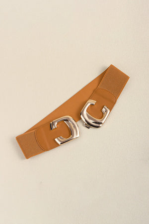 Caramel elastic waist belt with double C gold buckle detail