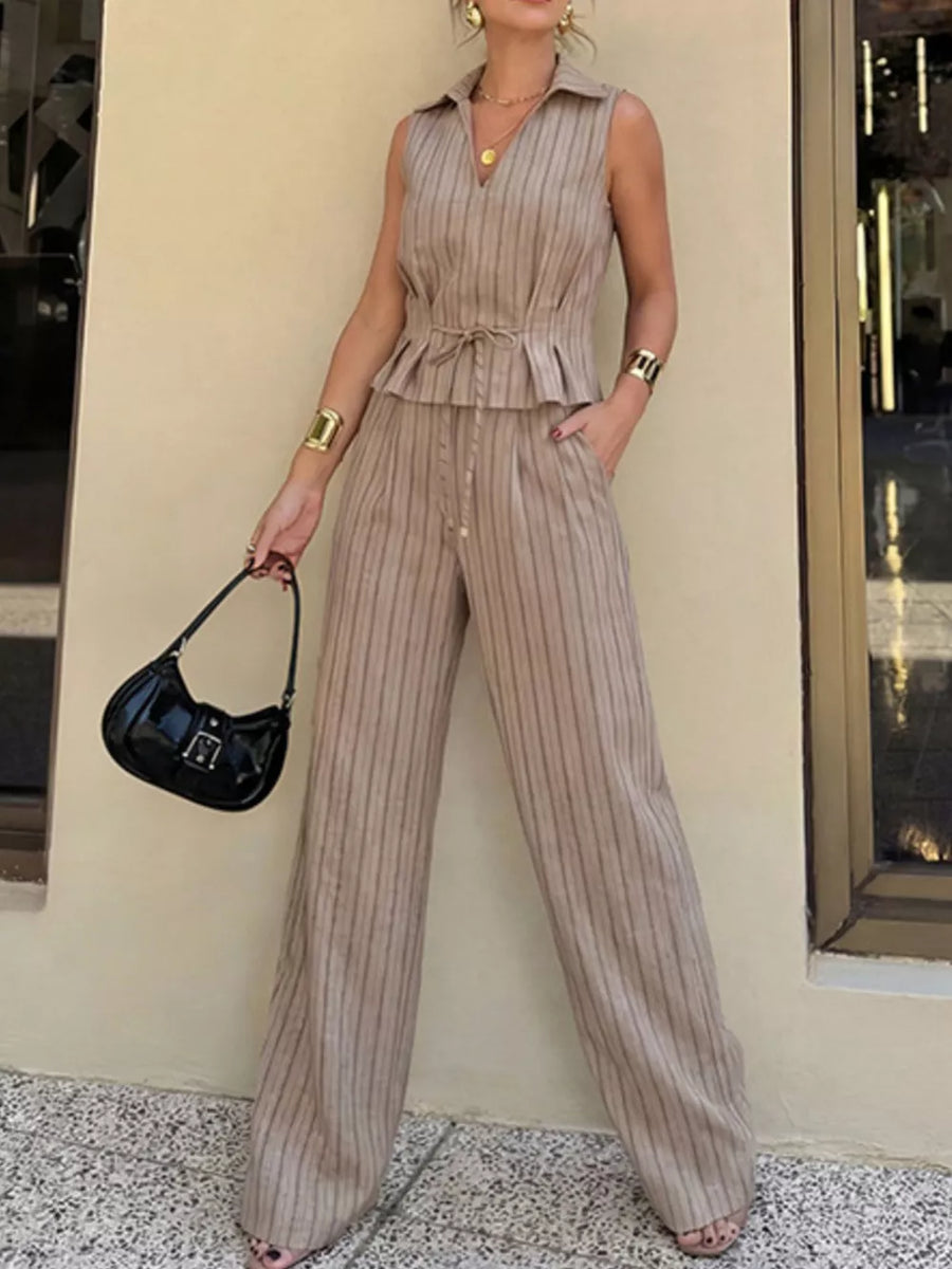 Tied waist pinstripe linen blend sleeveless collared top and wide-leg pants set.