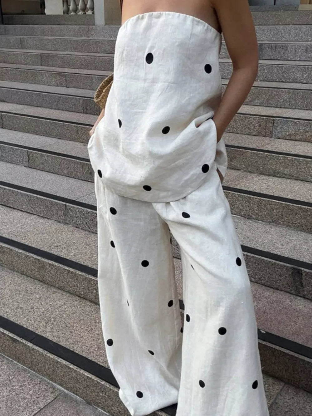 White linen polka dot strapless top and wide leg pants set