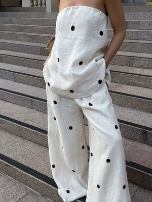 White linen polka dot strapless top and wide leg pants set