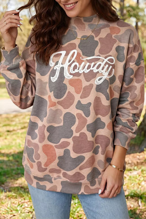 sweatshirt in taupe with camo and plus-size