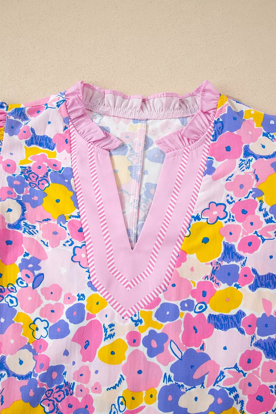 Floral Print Striped Color Block V Neck Blouse option 5