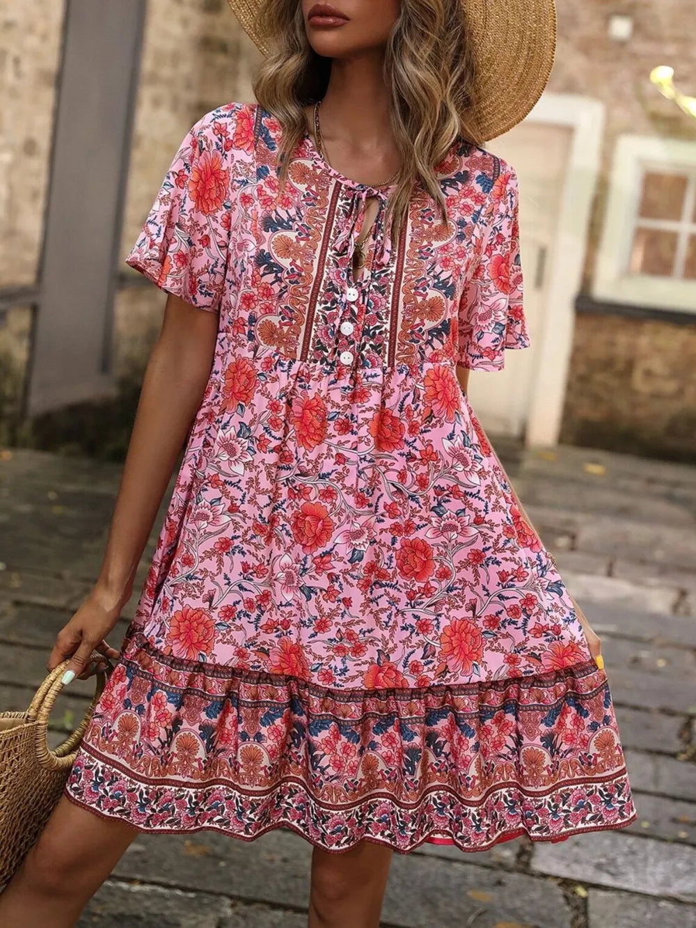 bohemian mini dress in mint green with v-neck