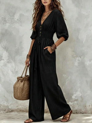 V-Neck Smocked Waist Wide-Leg Jumpsuit in Army Green with drawstring