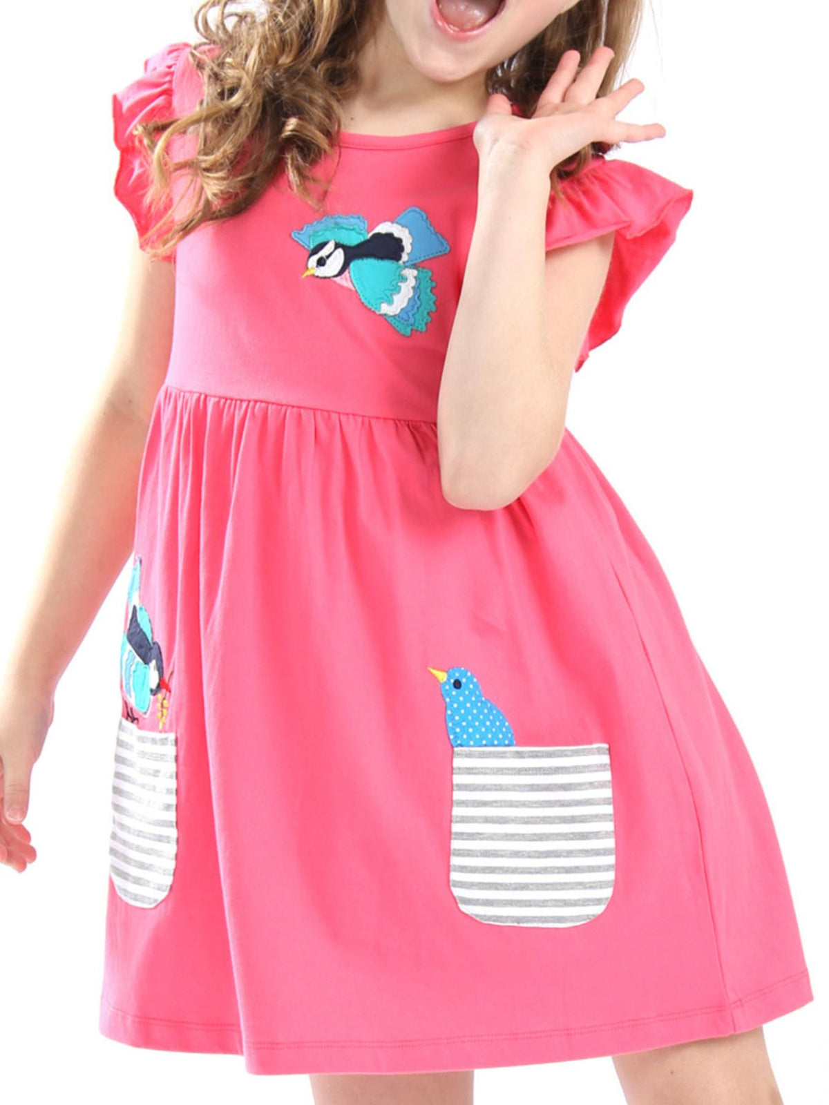 Strawberry cotton dress with ruffle sleeves, bird appliques, and striped pockets.