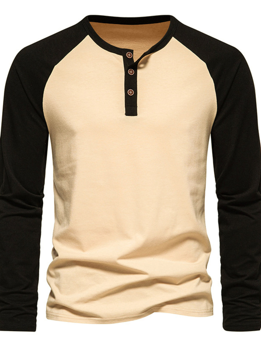 Men's beige and black long sleeve cotton blend henley t-shirt with button placket.