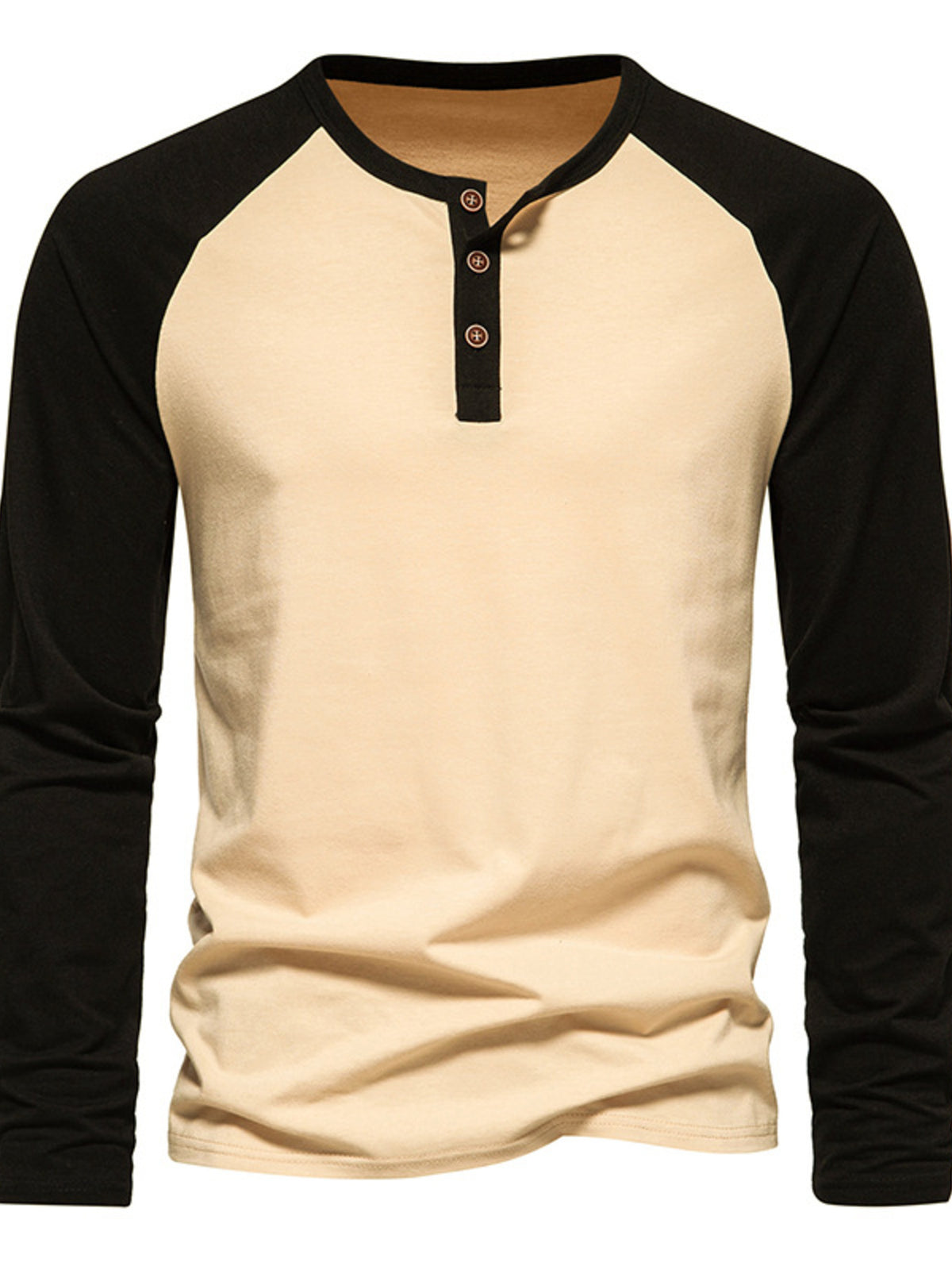 Men's beige and black long sleeve cotton blend henley t-shirt with button placket.