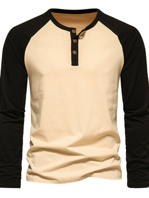 Men's beige and black long sleeve cotton blend henley t-shirt with button placket.