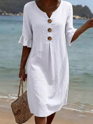 Yellow Full Size Casual Button Midi Dress With Ruffle Sleeves