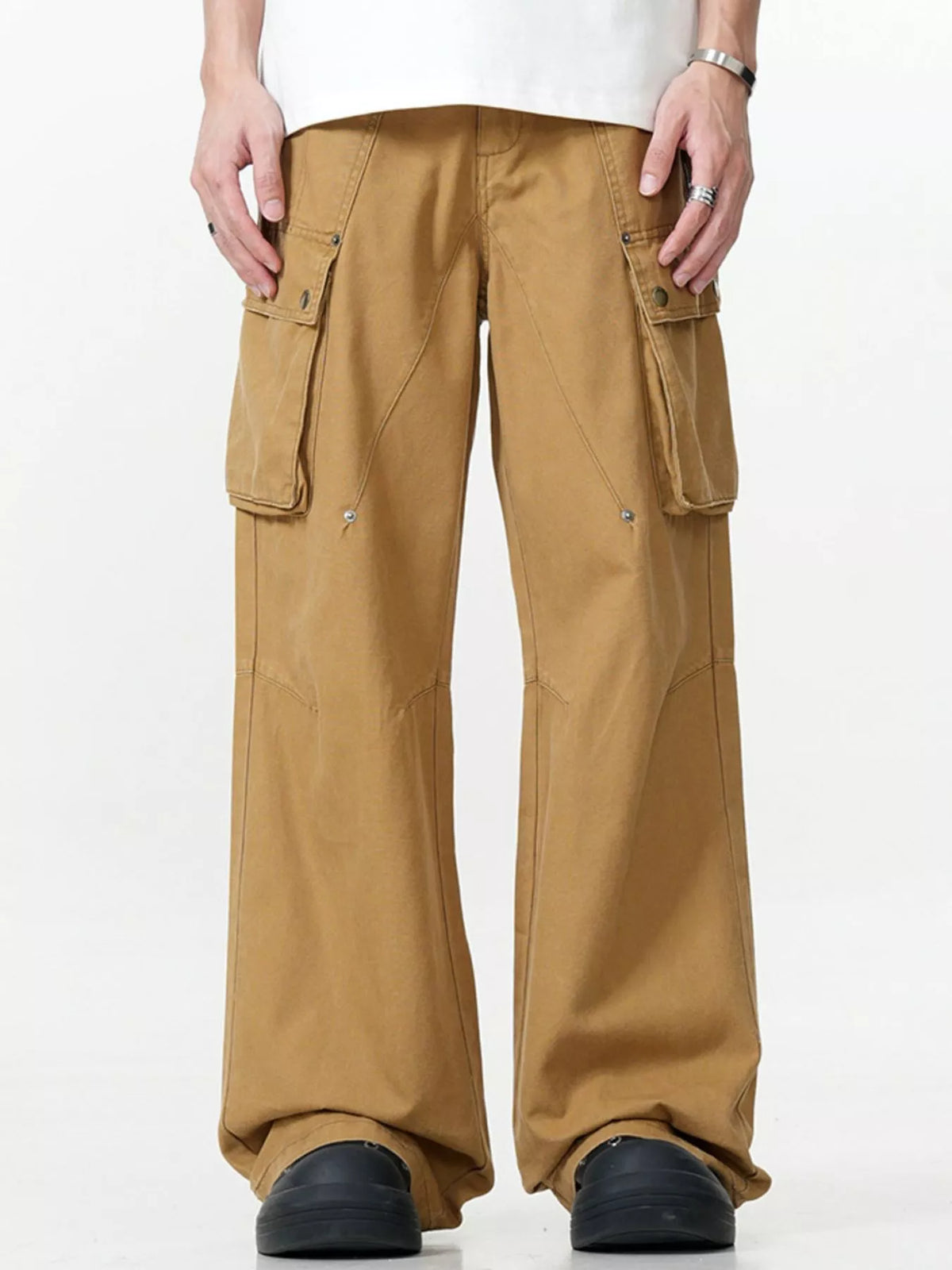 Men's khaki wide-leg cargo pants with multiple pockets and a relaxed fit.