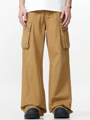 Men's khaki wide-leg cargo pants with multiple pockets and a relaxed fit.