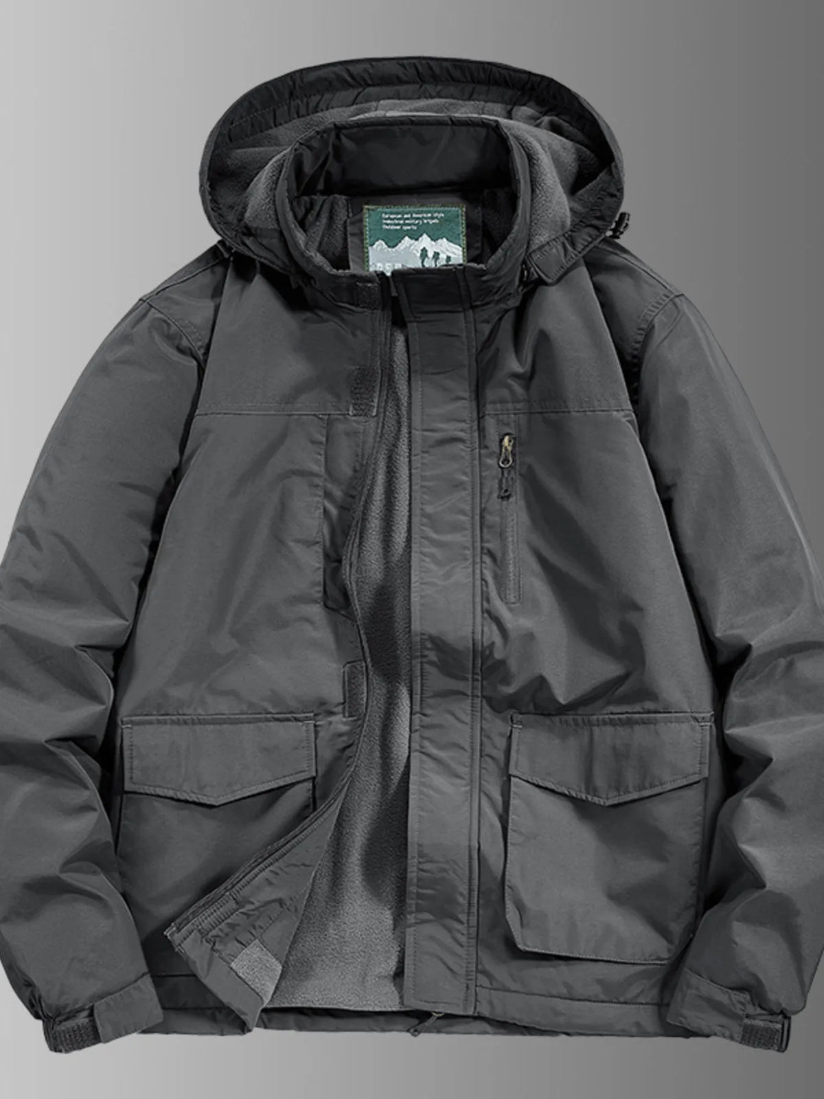 Plus-size gray hooded waterproof jacket with fleece lining and four front pockets.