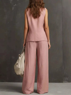 White Sleeveless Buttoned Vest And Wide-leg Pants Set
