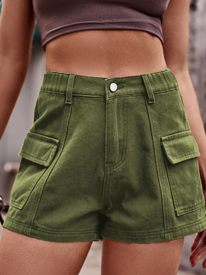 Cargo denim high-waist shorts in matcha green with button closure and flap pockets.