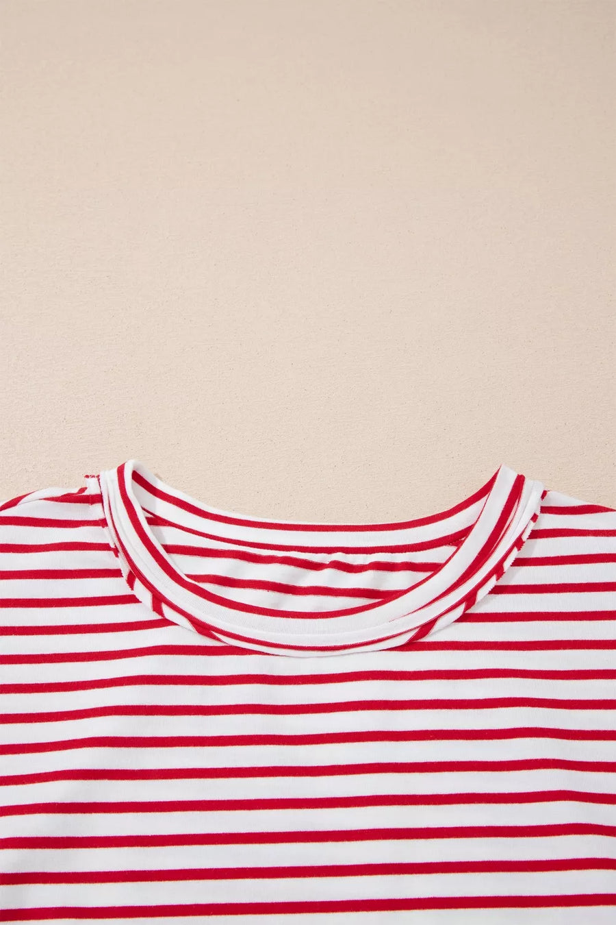 Maternity red and white striped cotton t-shirt with crew neck and short puff sleeves.