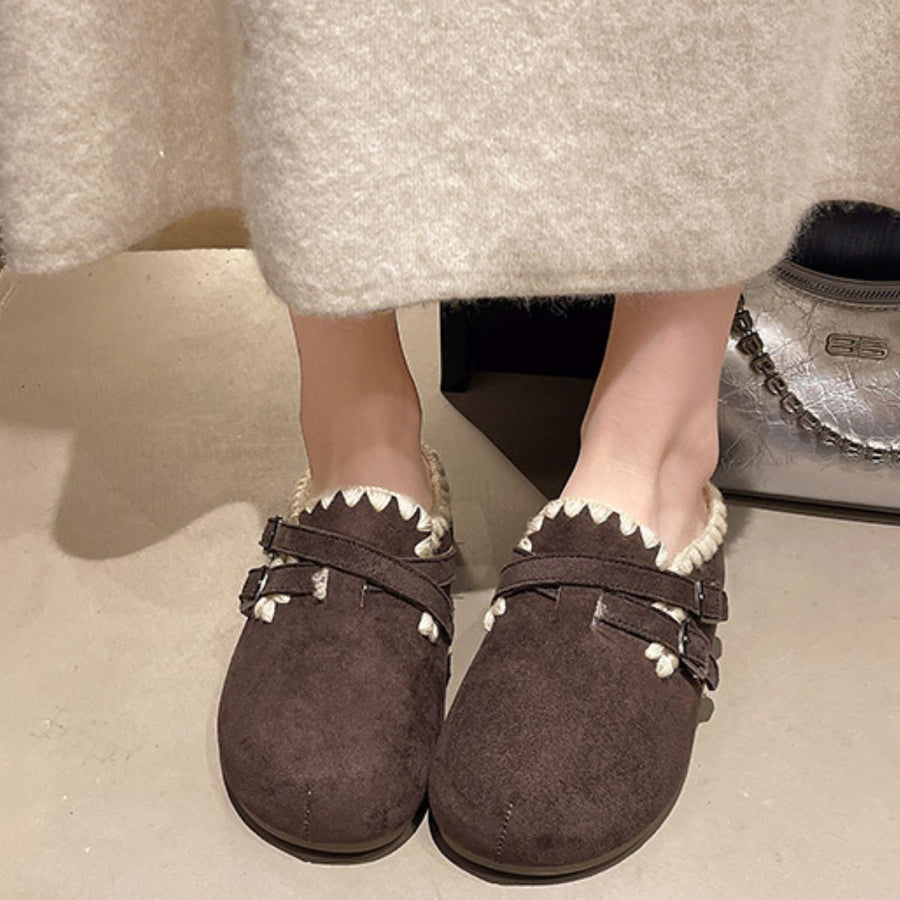 Decorative Buckle Slip-On Flats in camel with fluff lining