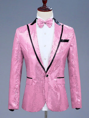 Pink sequin one button blazer with black lapel trim and matching bow tie.