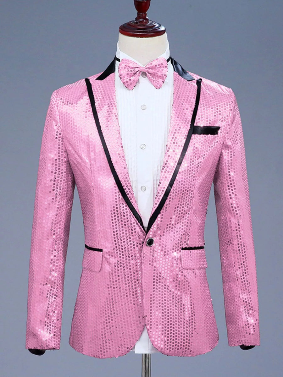 Pink sequin one button blazer with black lapel trim and matching bow tie.