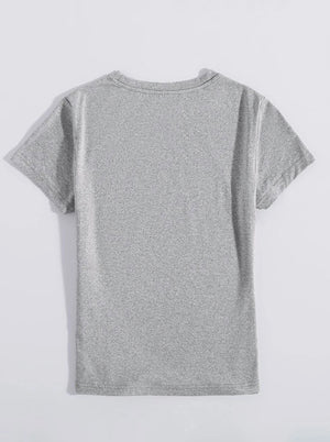 Gray crewneck t-shirt with short sleeves and a heathered texture.
