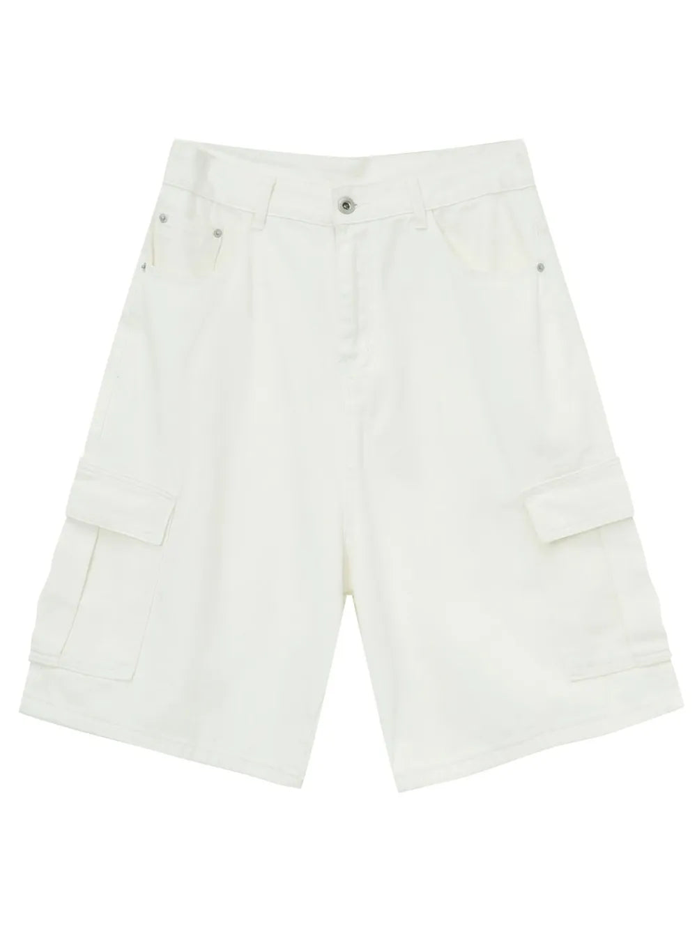 Ivory baggy cargo Bermuda shorts with buttoned front and side pockets.