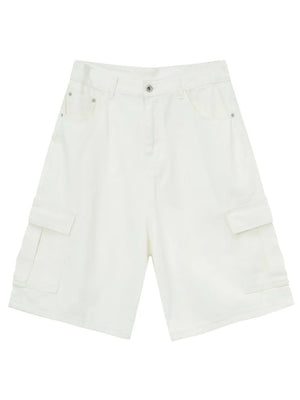 Ivory baggy cargo Bermuda shorts with buttoned front and side pockets.