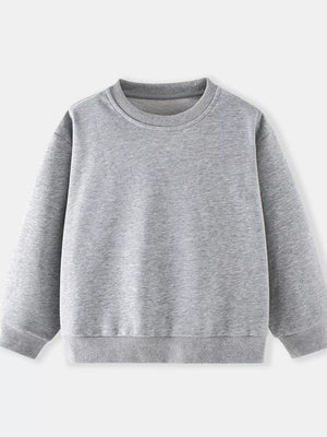 Gray crew-neck sweatshirt for kids, cotton blend, long sleeves, ribbed cuffs and hem.