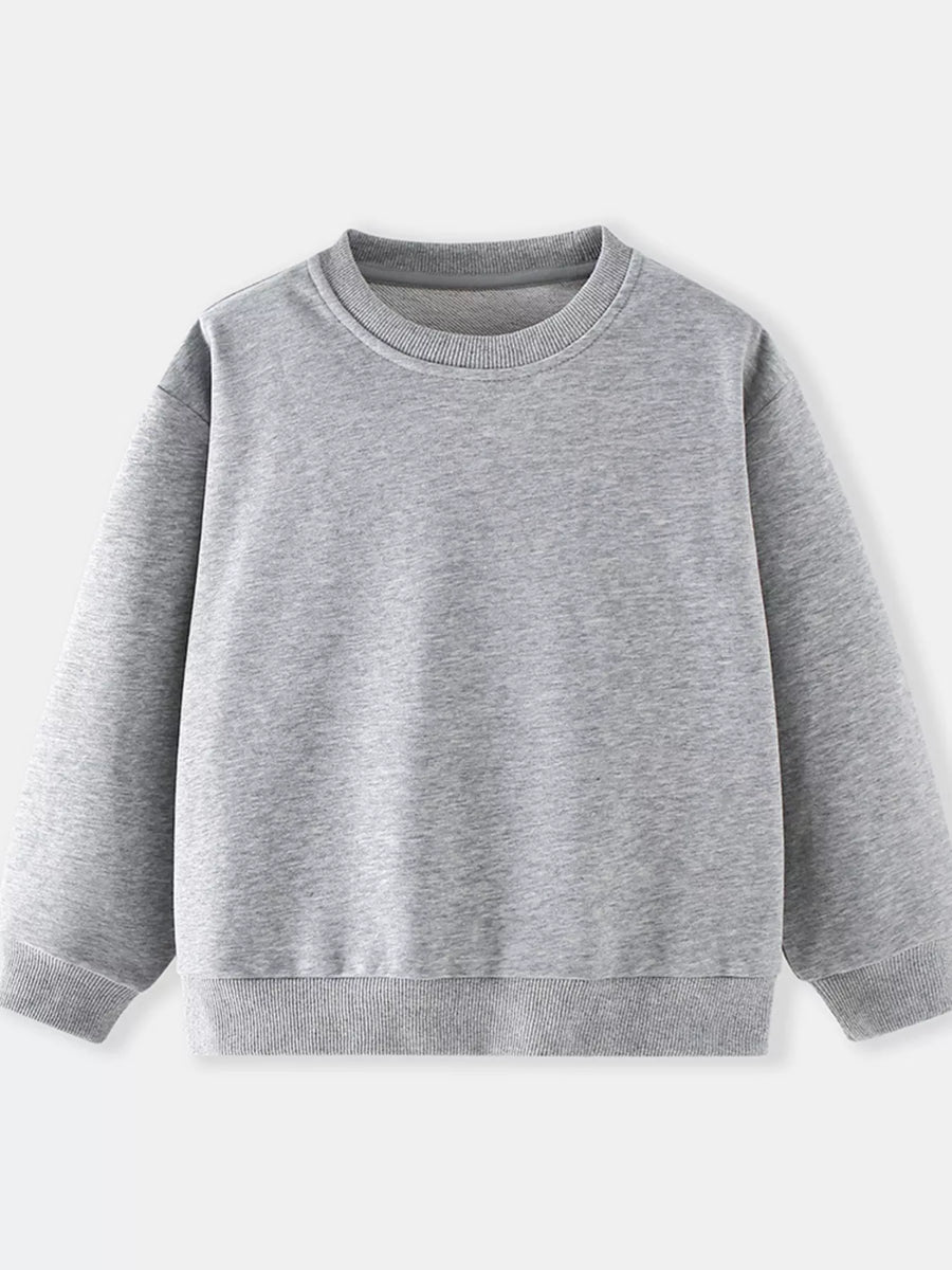 Gray crew-neck sweatshirt for kids, cotton blend, long sleeves, ribbed cuffs and hem.