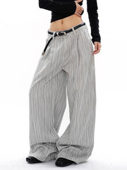 Men's grey striped wide-leg sweatpants with a relaxed fit and pleated detail.