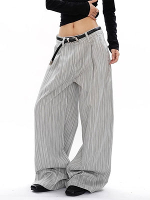 Men's grey striped wide-leg sweatpants with a relaxed fit and pleated detail.