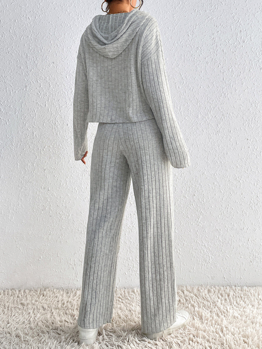 Light gray ribbed knit cropped hoodie and wide leg pants set.