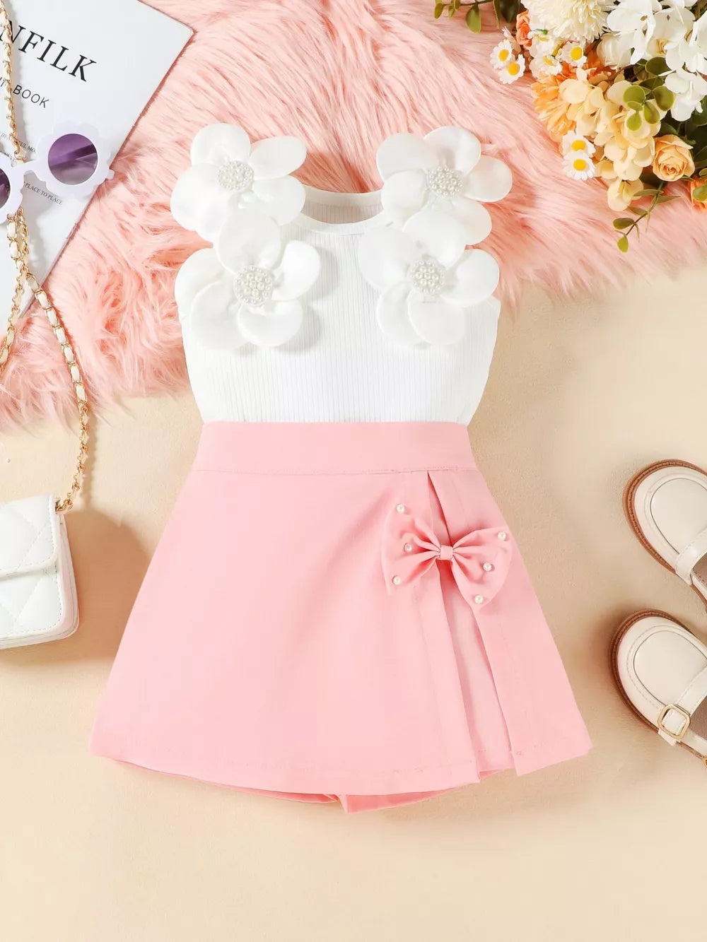 Baby girl pink skort set with white floral applique top and bow detail