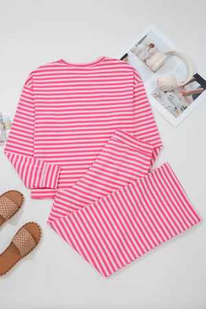 Pink striped cotton crew neck two-piece set with buttons and elastic waist pants.
