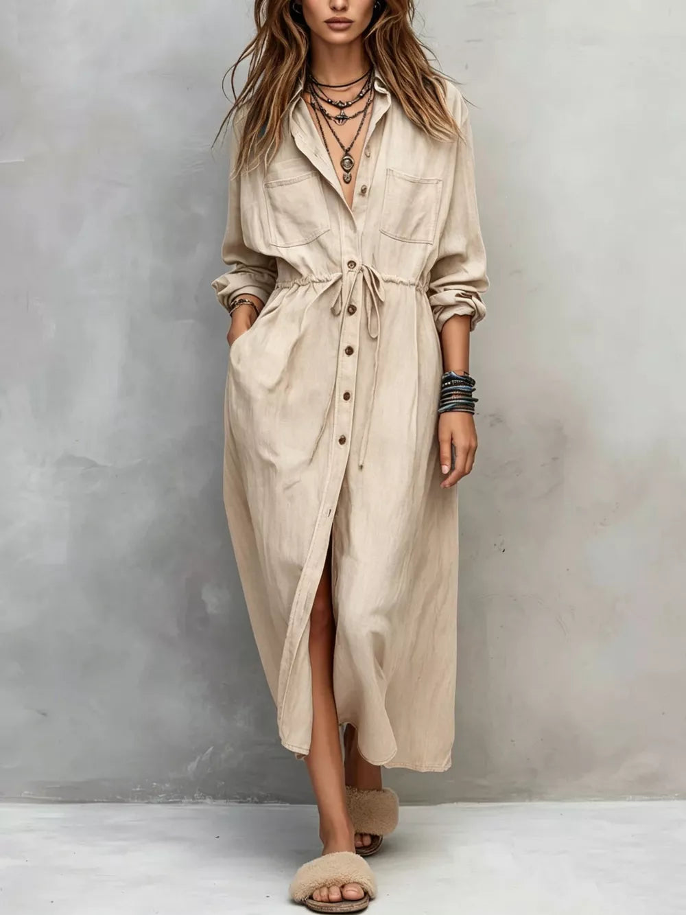 Full Size Button Front Long Sleeve Shirt Dress Plus Size in Apricot