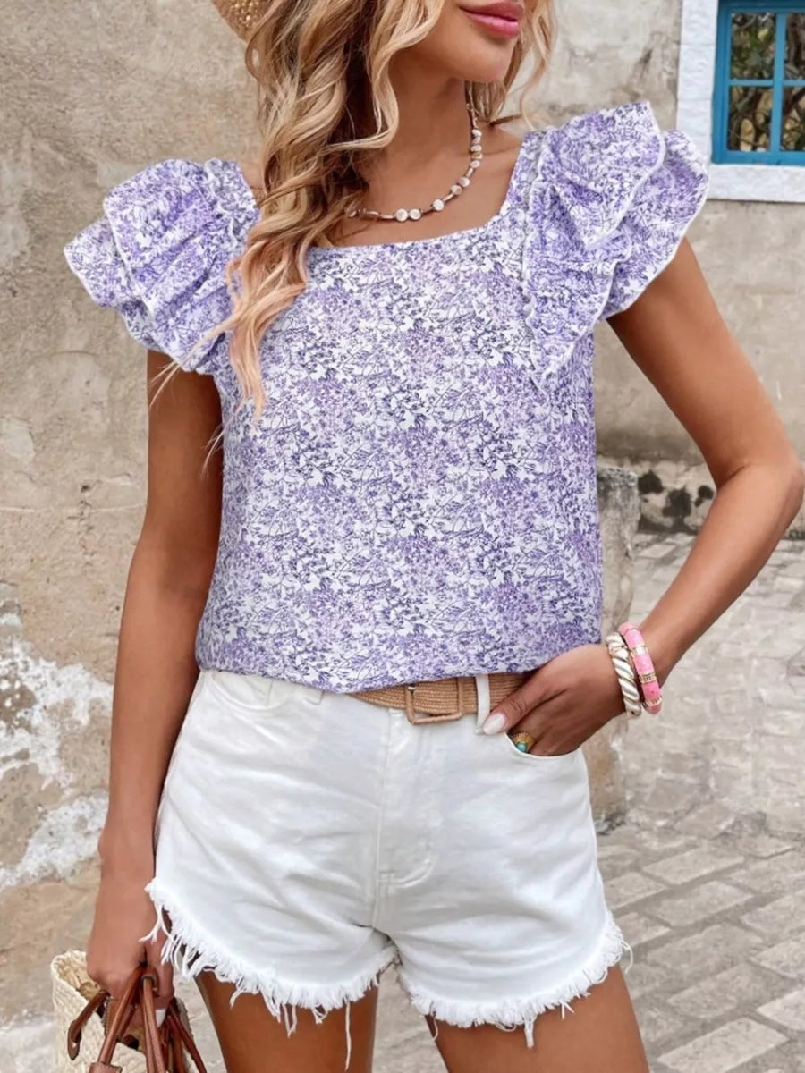 Purple floral ruffle blouse with square neckline and short sleeves.