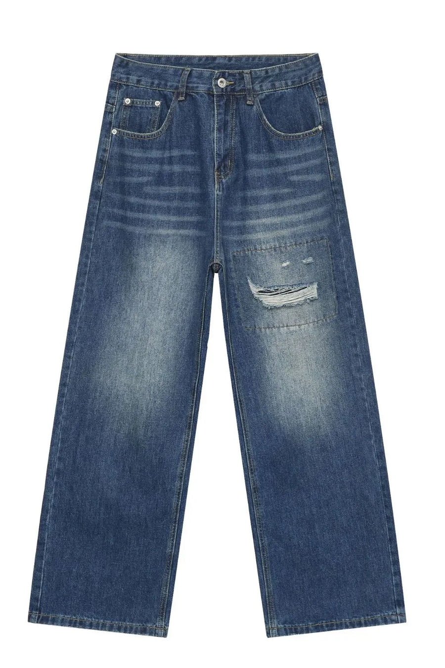 Baggy patchwork denim jeans in medium vintage wash with distressed details.