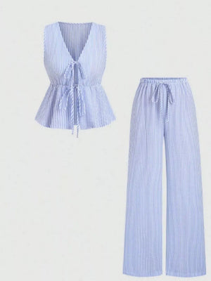 Striped Tie-front Sleeveless Top And Pants Set in Yellow