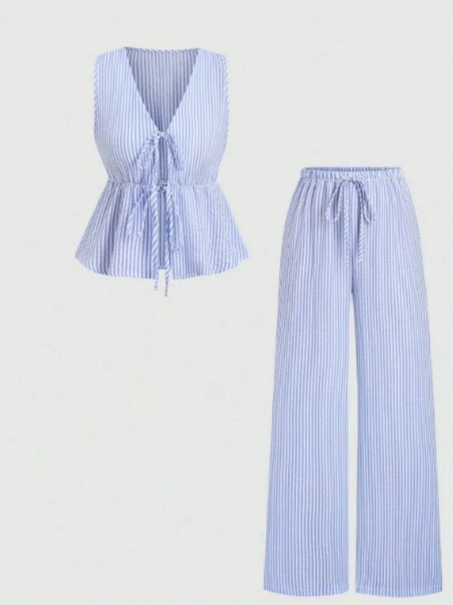 Striped Tie-front Sleeveless Top And Pants Set in Yellow