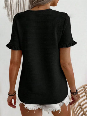 Black textured t-shirt with short ruffle sleeves and crew neck.