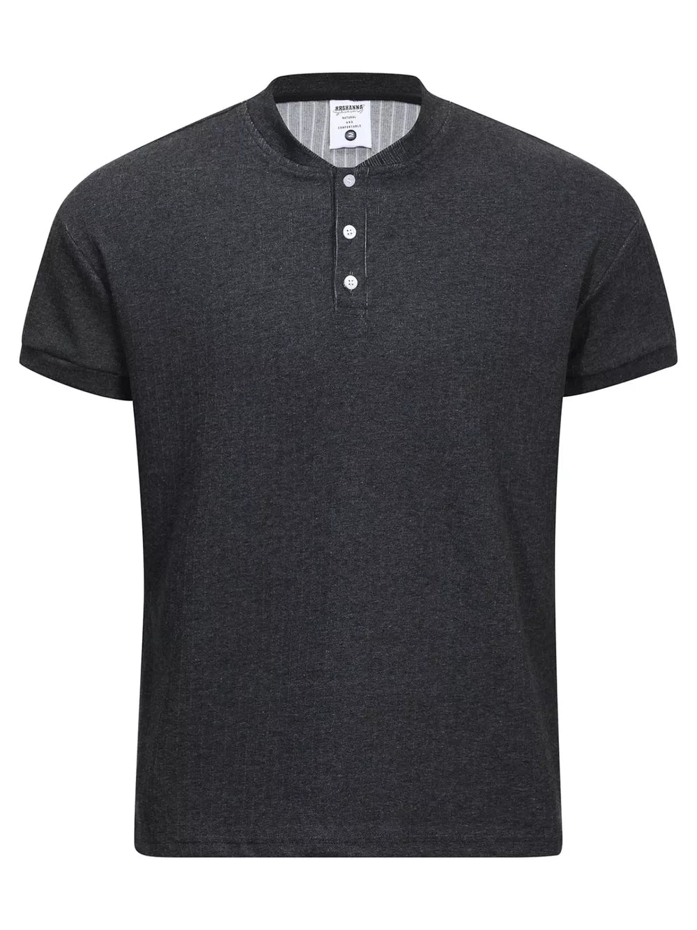 Men's dark gray textured ribbed henley t-shirt with button placket and short sleeves.