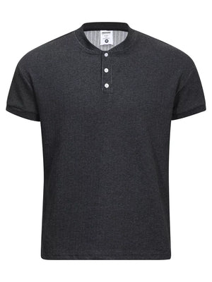 Men's dark gray textured ribbed henley t-shirt with button placket and short sleeves.