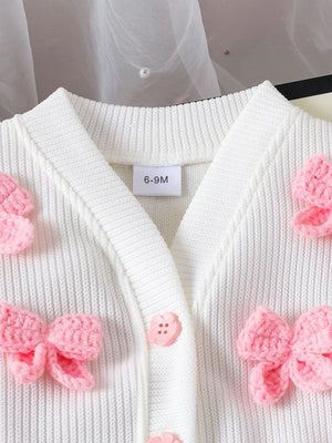 Pink with Children's Bow Button Up Cardigan And Pleated Skirt Set
