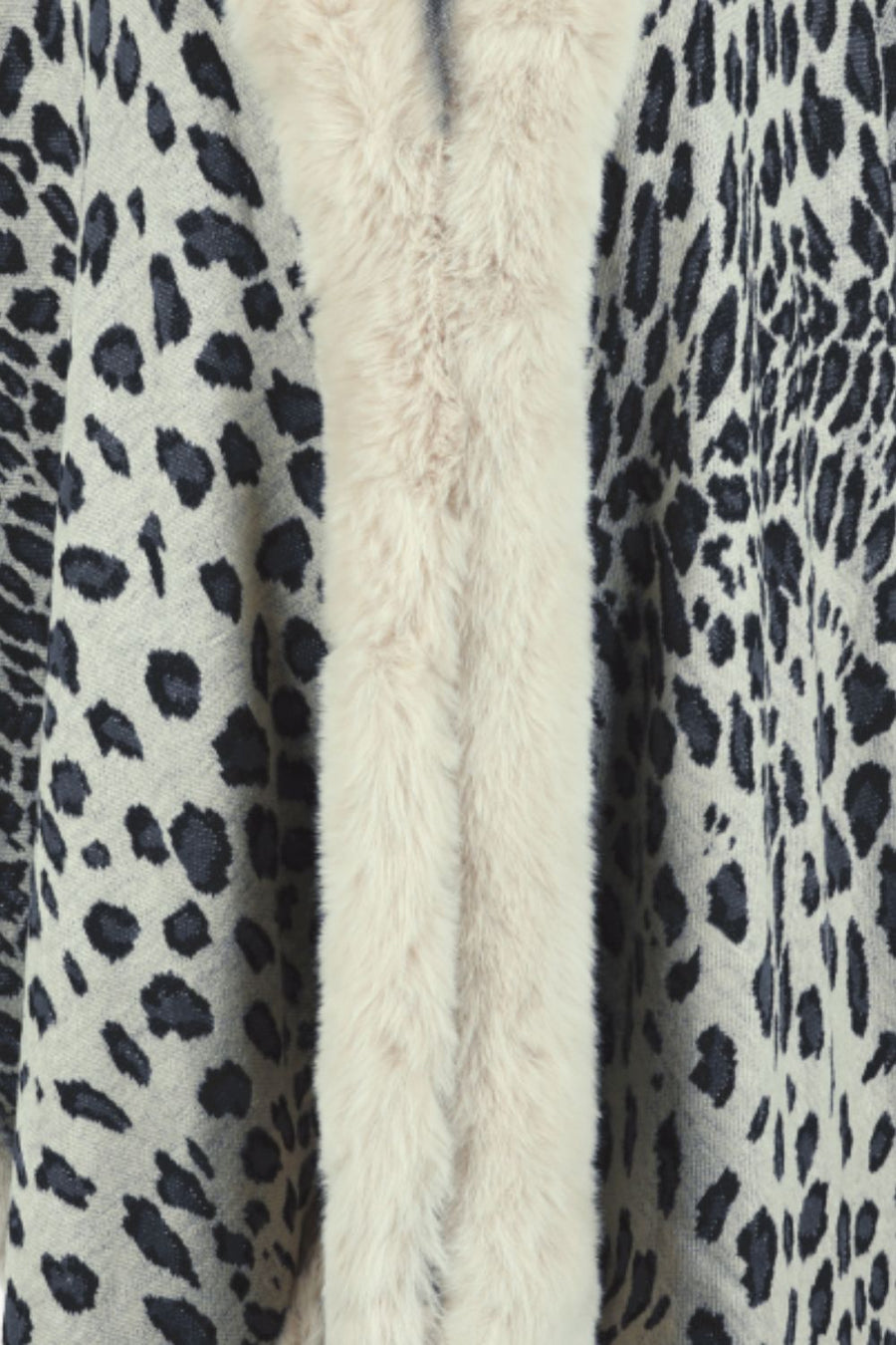 Leopard print cape with cream faux fur trim detail