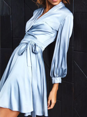 Satin Surplice Long Sleeve Mini Dress in Light Blue with tied waist