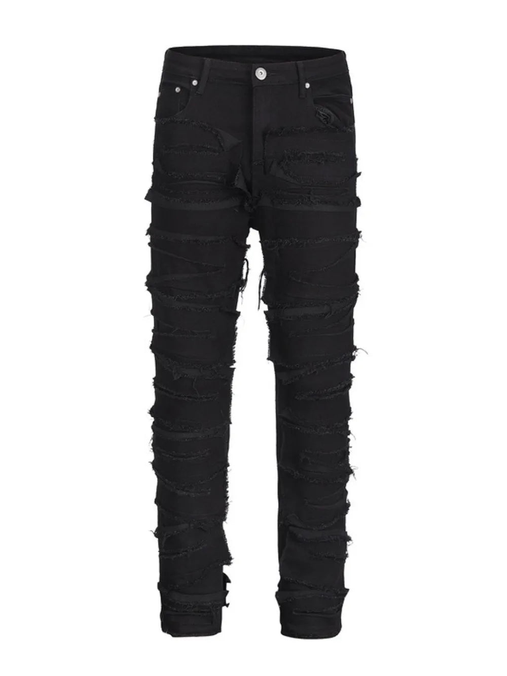Black denim jeans with layered frayed detailing and a sculpted fit.